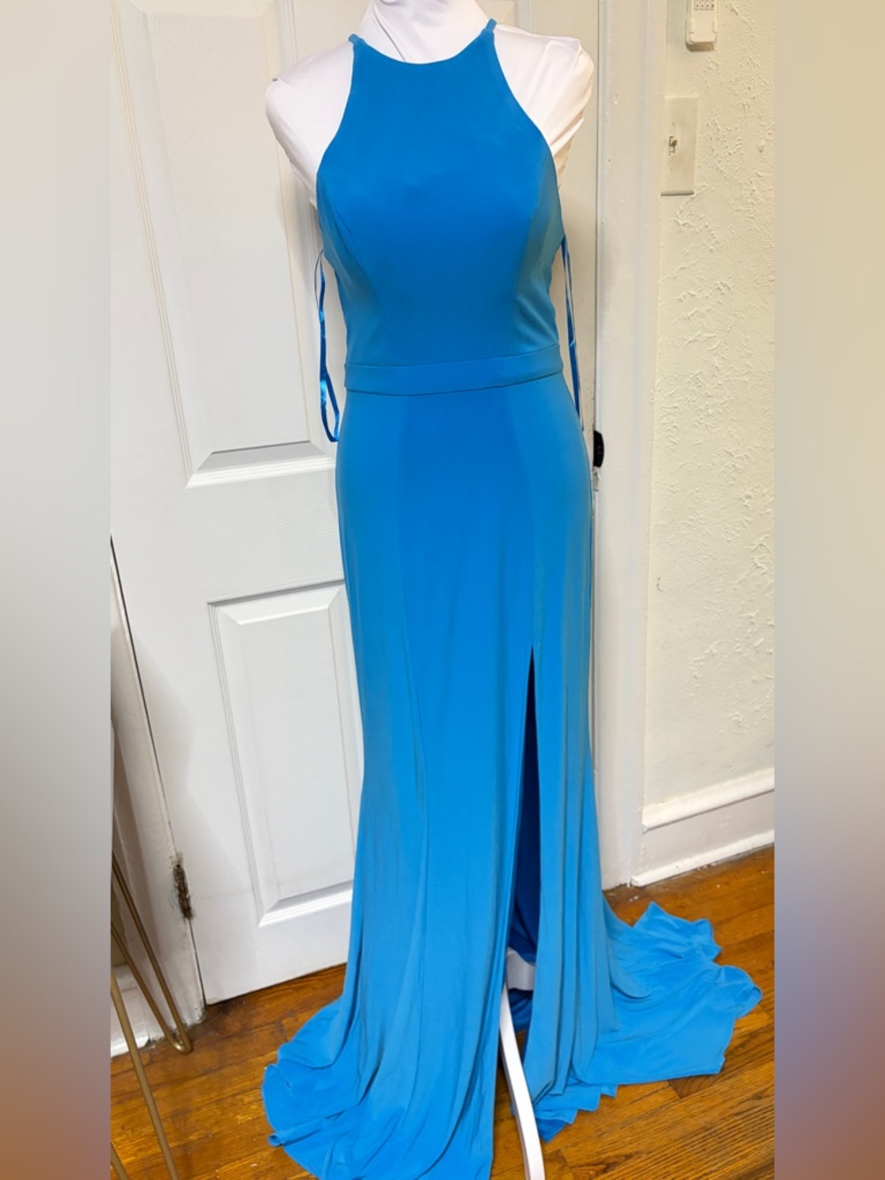 Faviana Bright Blue Maxi Dress with Front Slit